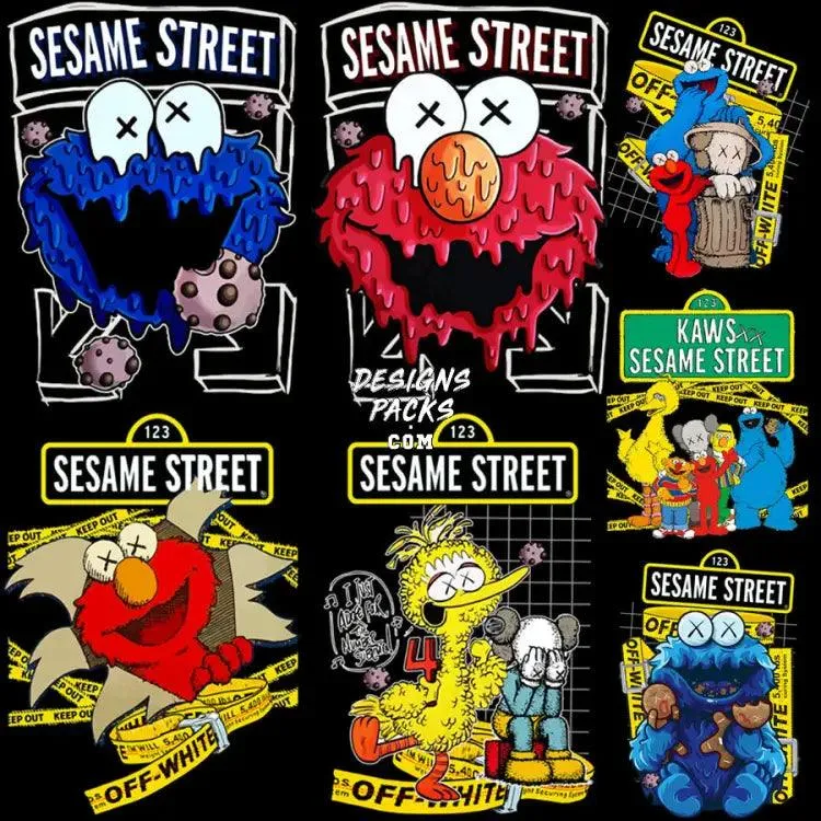 7 Sesame Cartoon Brand Streetwear Designs Bundle PNG   PSD
