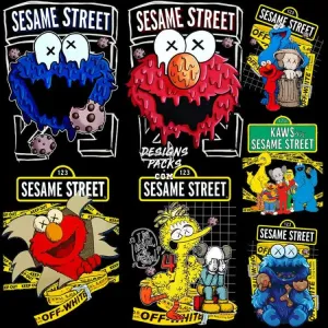 7 Sesame Cartoon Brand Streetwear Designs Bundle PNG   PSD