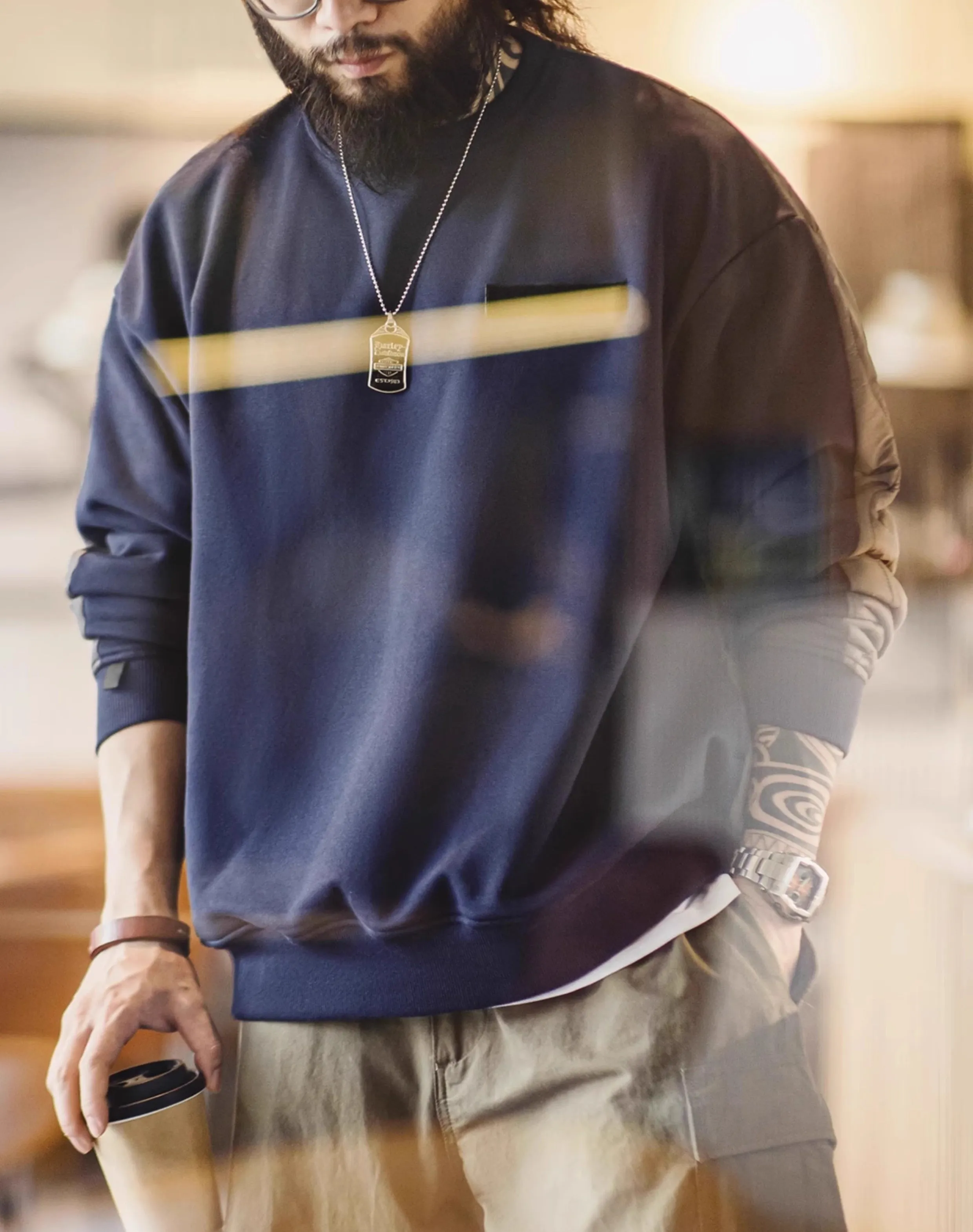 American Retro Contrast Color Pattern Quilted Warm Men's Sweater
