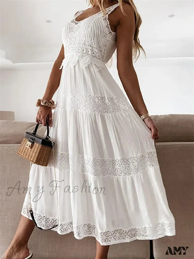 Amy Fashion - Women Summer Off Shoulder  Tank Fairy Lace Sleeveless Backless Solid Ruched Flowy Beach Female Vestido