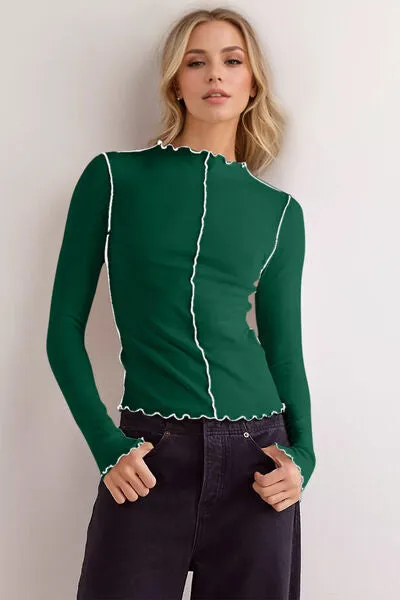 Basic Bae Contrast Trim Mock Neck Long Sleeve Top | Soft, Stretchy & Stylish