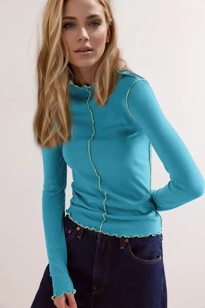 Basic Bae Contrast Trim Mock Neck Long Sleeve Top | Soft, Stretchy & Stylish