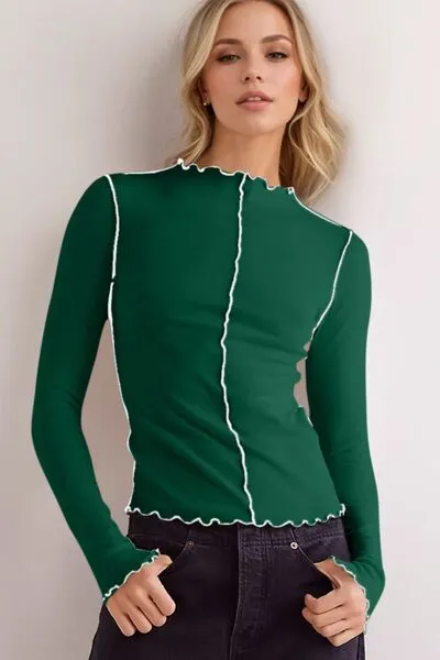 Basic Bae Contrast Trim Mock Neck Long Sleeve Top | Soft, Stretchy & Stylish