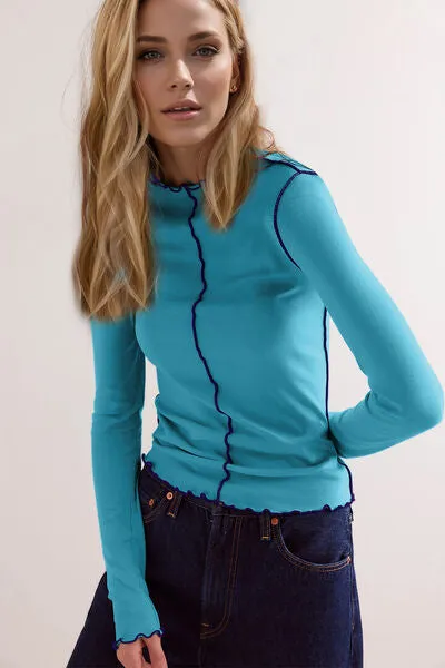 Basic Bae Contrast Trim Mock Neck Long Sleeve Top | Soft, Stretchy & Stylish