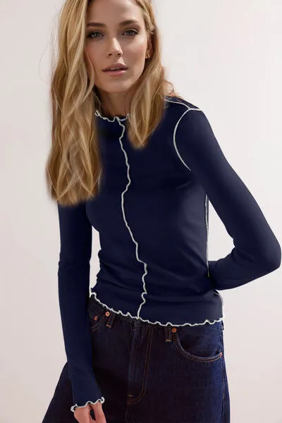 Basic Bae Contrast Trim Mock Neck Long Sleeve Top | Soft, Stretchy & Stylish