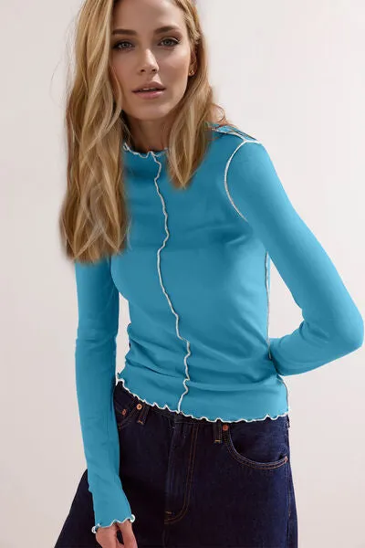 Basic Bae Contrast Trim Mock Neck Long Sleeve Top | Soft, Stretchy & Stylish