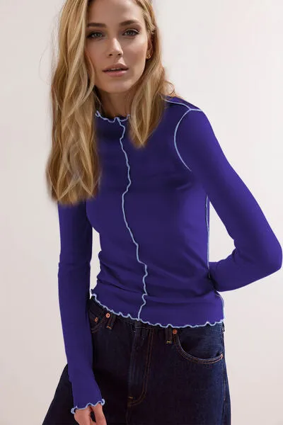 Basic Bae Contrast Trim Mock Neck Long Sleeve Top | Soft, Stretchy & Stylish