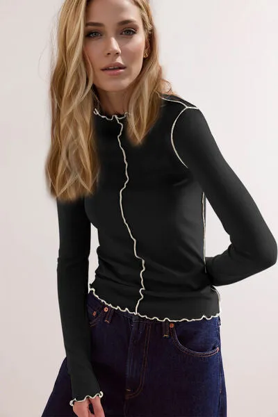 Basic Bae Contrast Trim Mock Neck Long Sleeve Top | Soft, Stretchy & Stylish