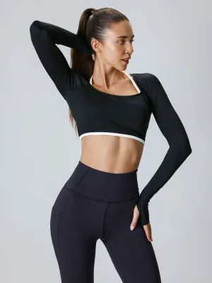 Black Contrast Halter Long Sleeve Top - Light Support