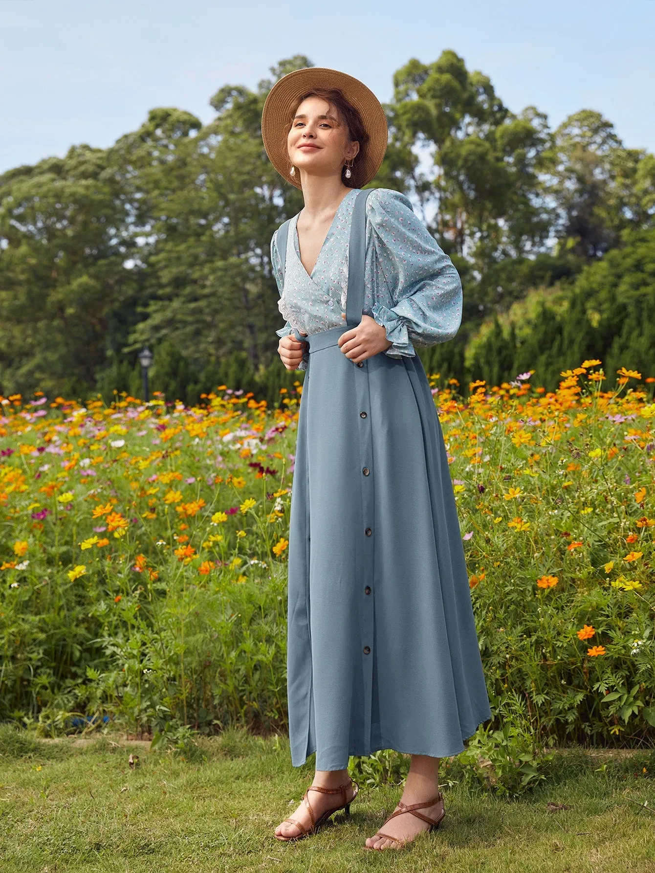Boho Plain Double Button High Waist Maxi Women Skirt