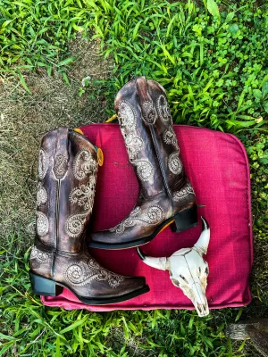 Brown Embroidery & Studs Corral Boot