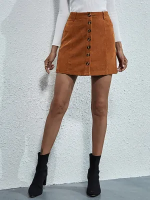 Casual Plain Button Front Natural Mini Women Skirt