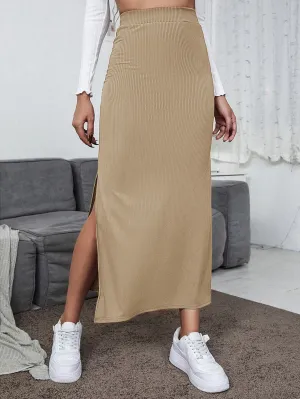 Casual Plain Split Thigh High Waist Long Women Skirt