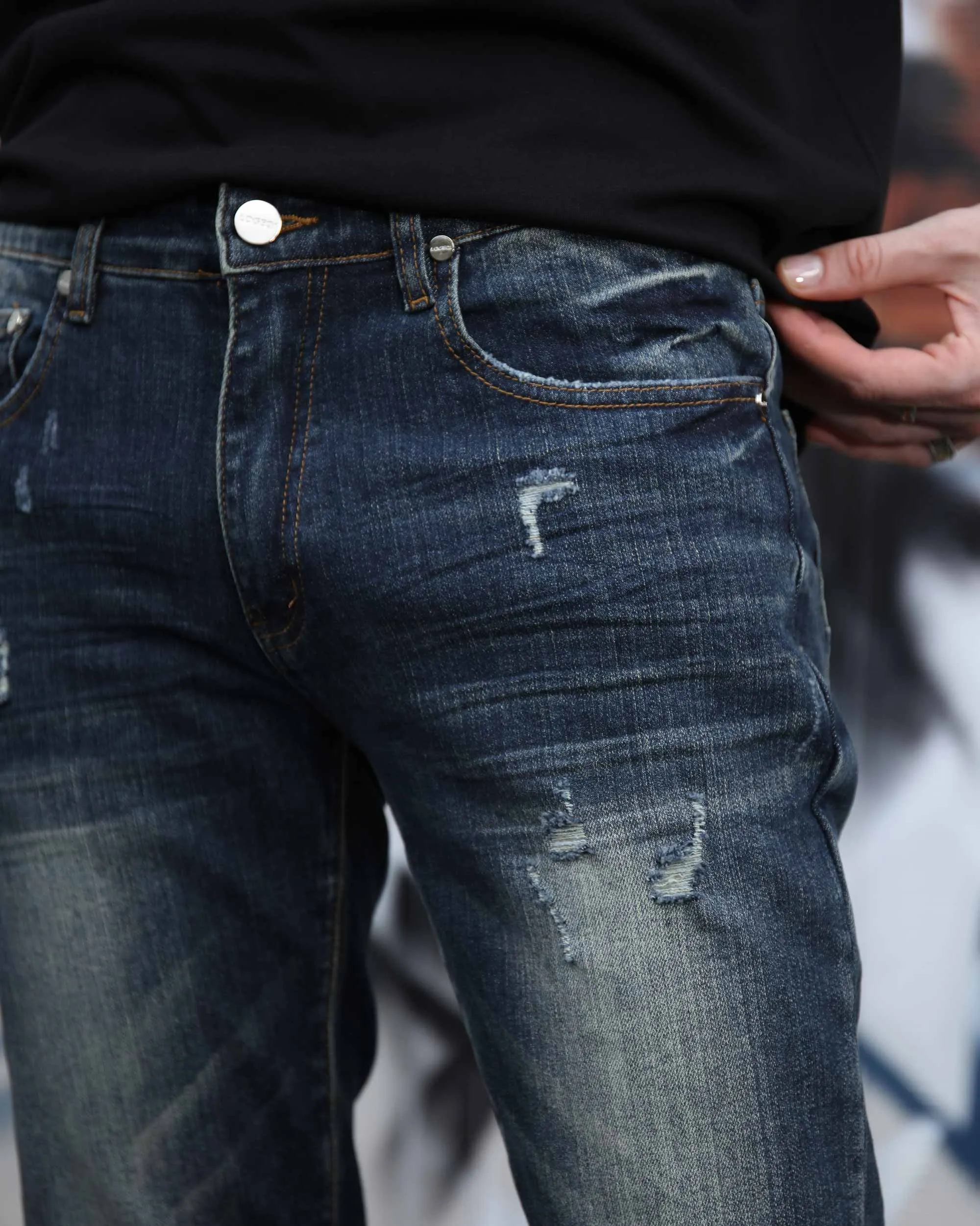 Classic Slim Fit Blue Jeans with Ripped Accents