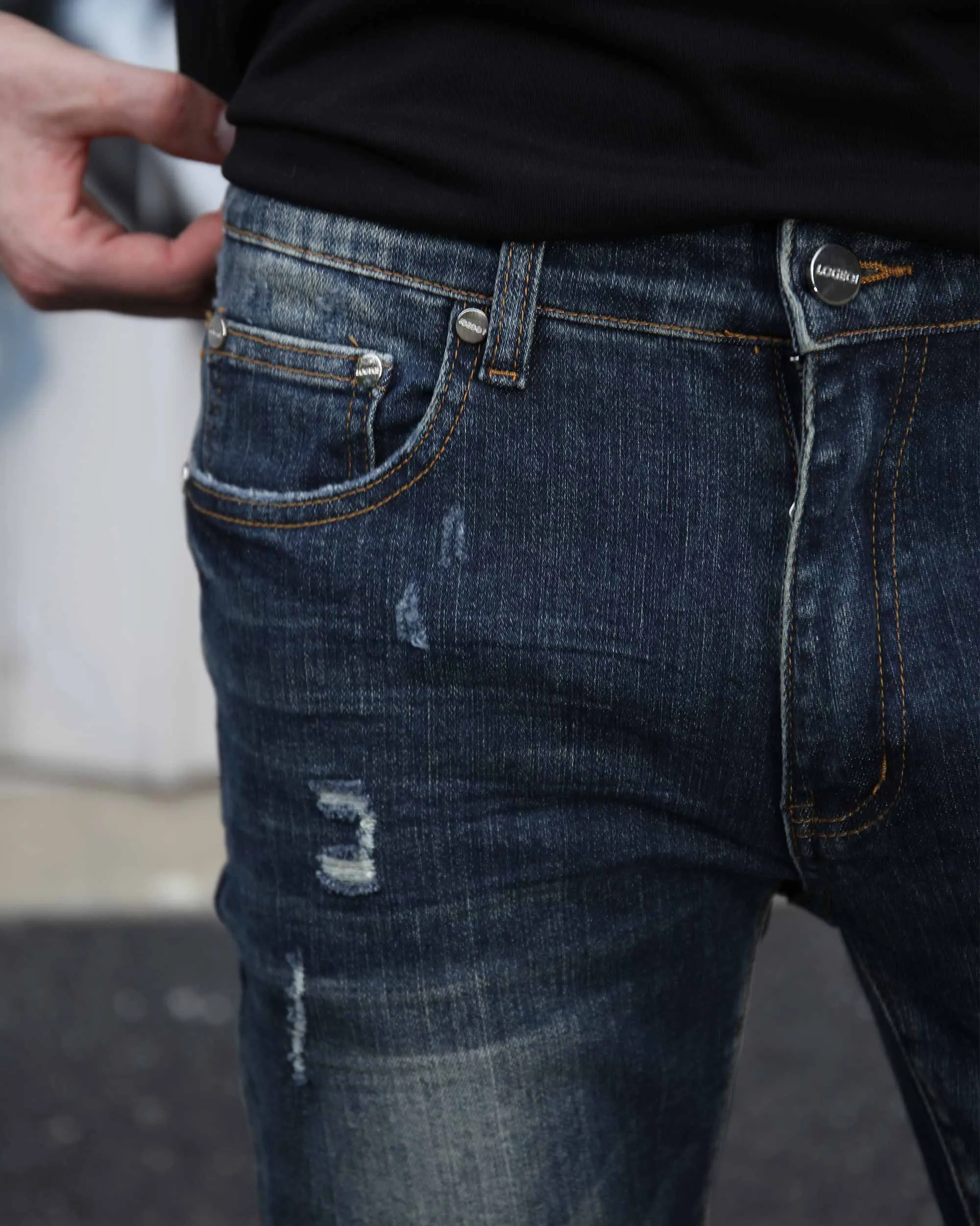 Classic Slim Fit Blue Jeans with Ripped Accents