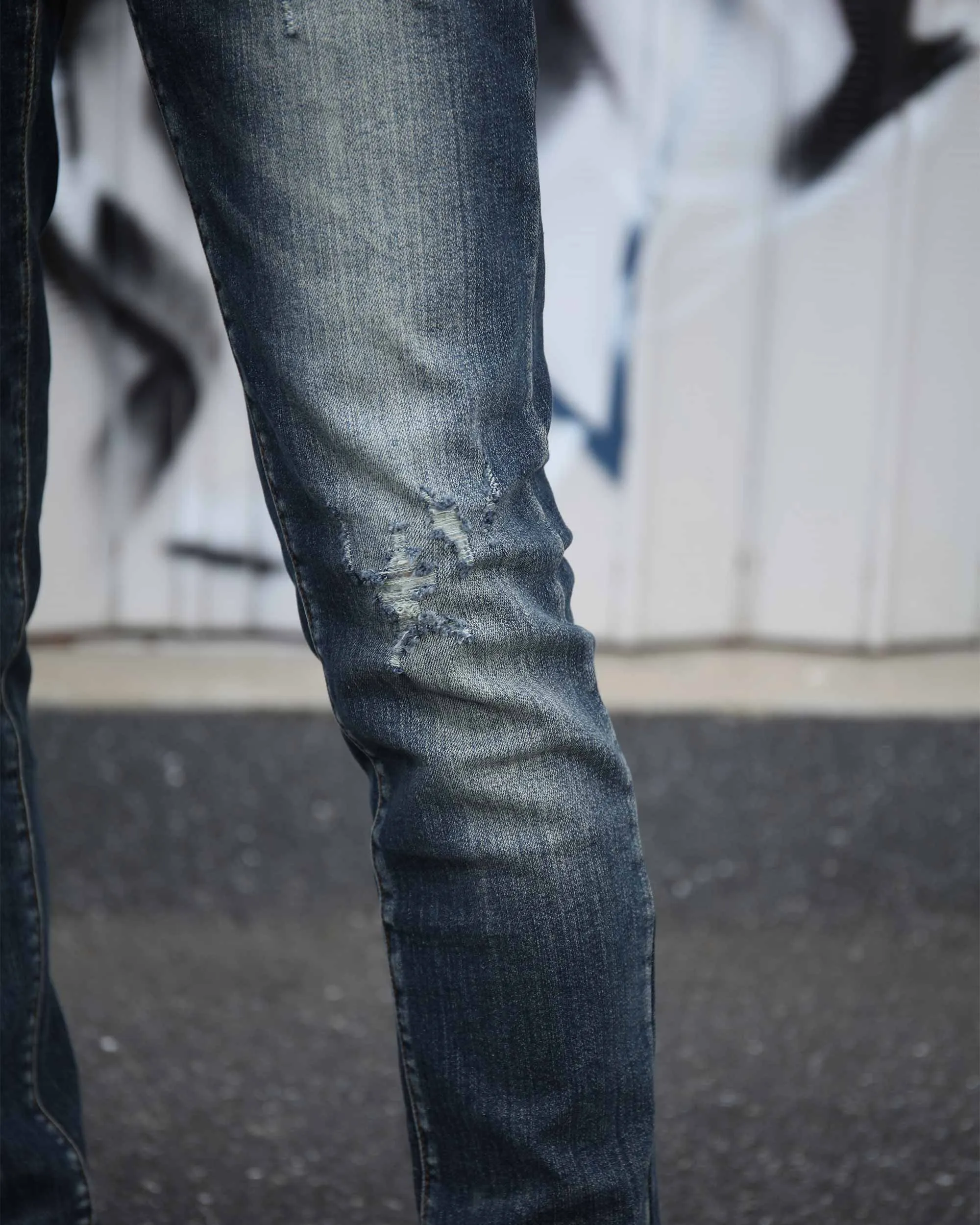 Classic Slim Fit Blue Jeans with Ripped Accents