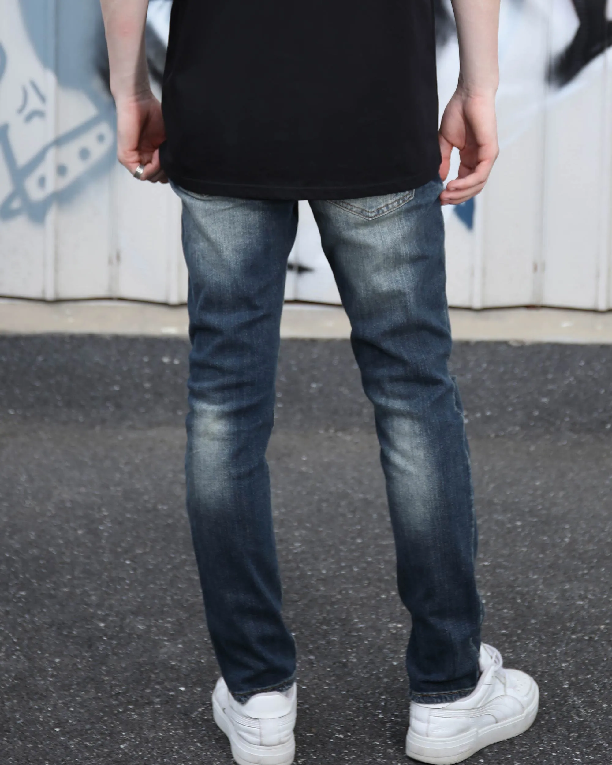 Classic Slim Fit Blue Jeans with Ripped Accents