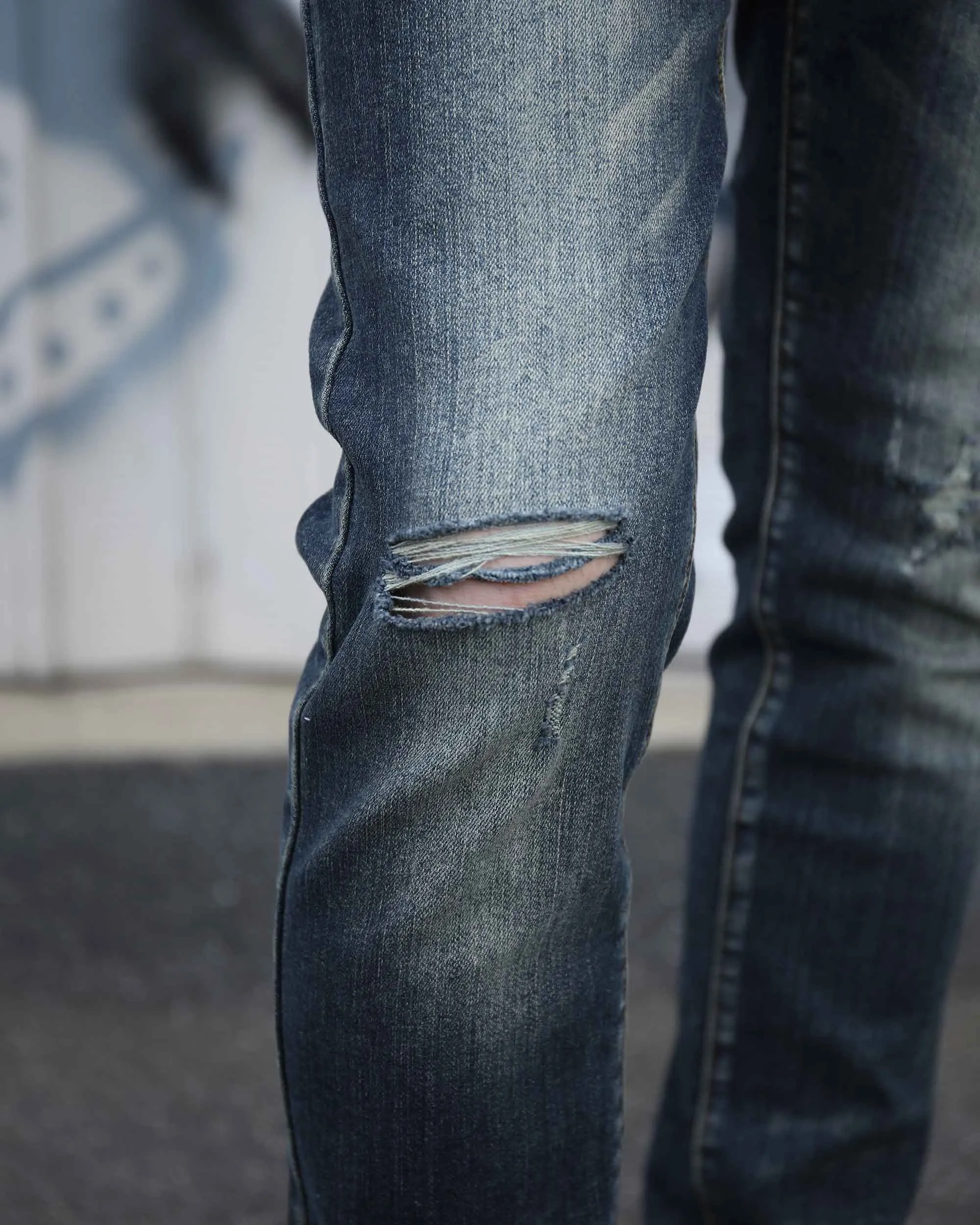 Classic Slim Fit Blue Jeans with Ripped Accents