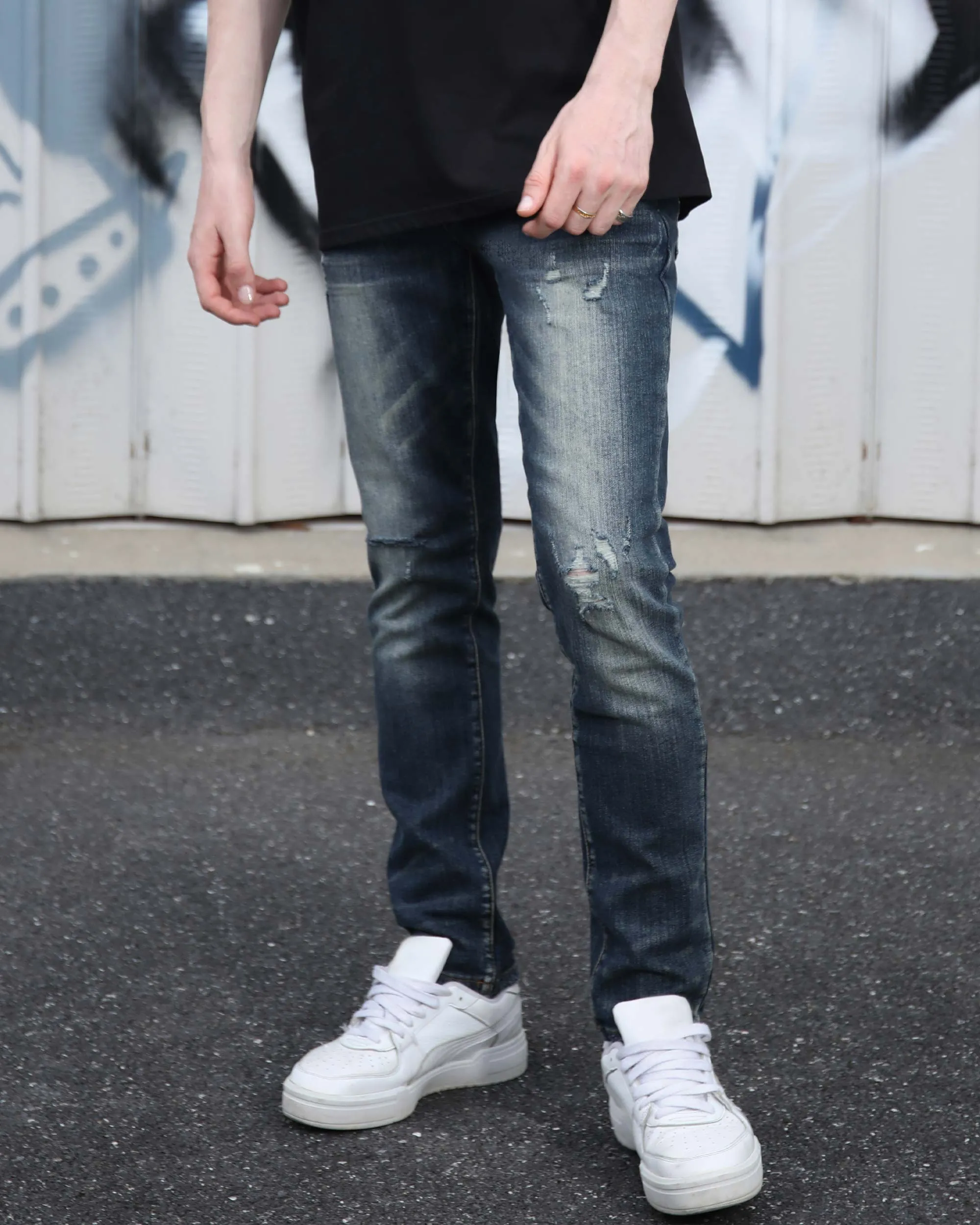 Classic Slim Fit Blue Jeans with Ripped Accents