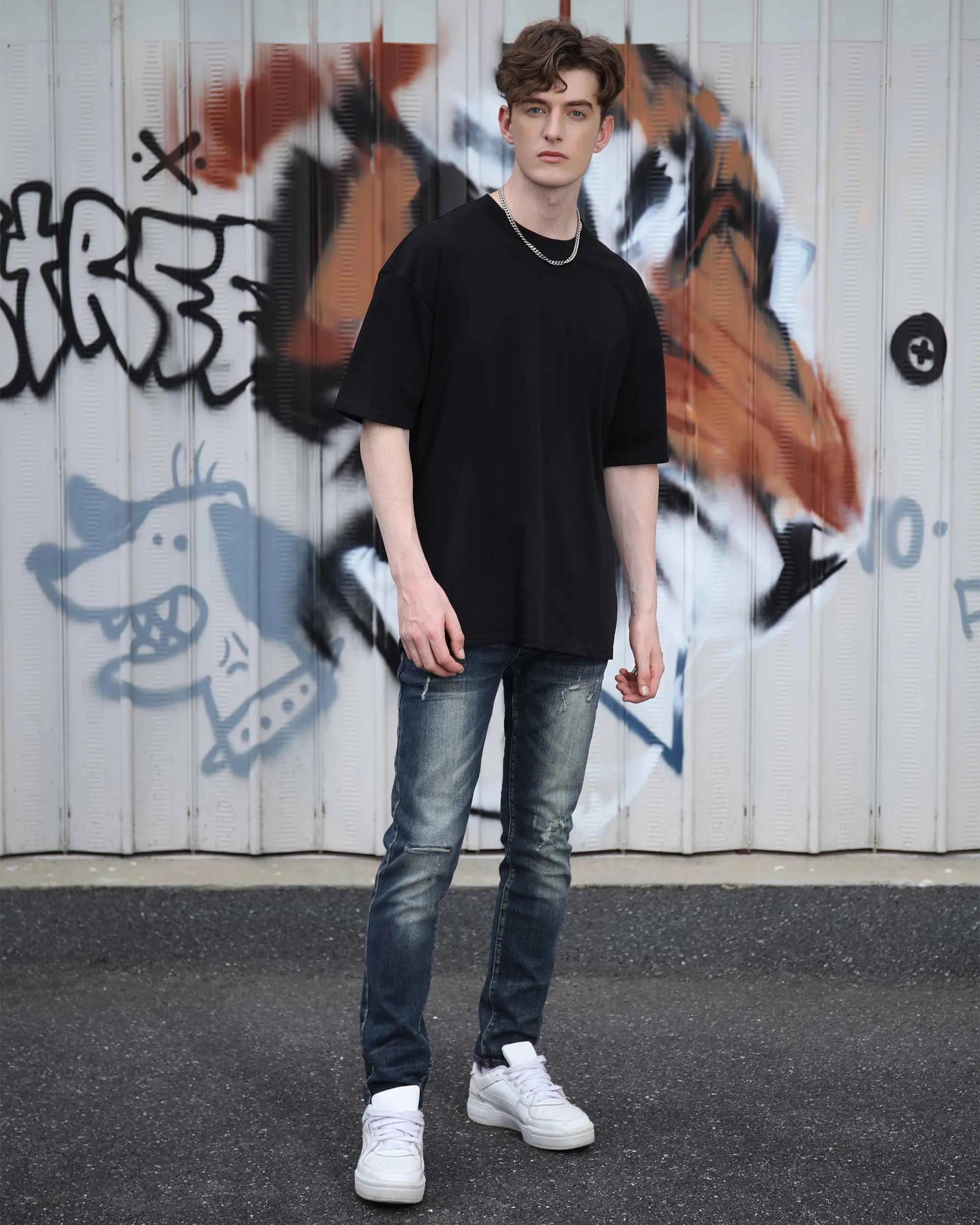 Classic Slim Fit Blue Jeans with Ripped Accents