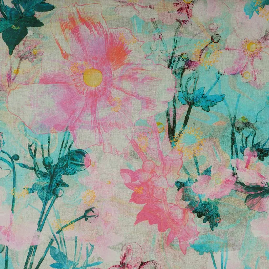 Cotton Satin - Pink & Petrol Japanese Anemone Woven Fabric by Nerida Hansen