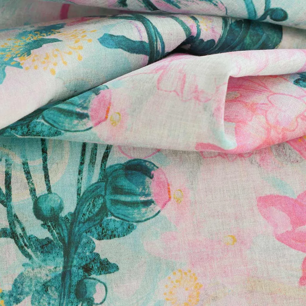 Cotton Satin - Pink & Petrol Japanese Anemone Woven Fabric by Nerida Hansen