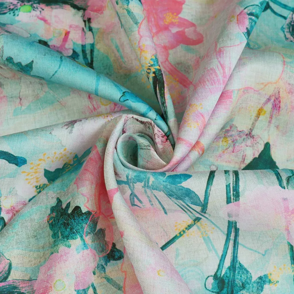 Cotton Satin - Pink & Petrol Japanese Anemone Woven Fabric by Nerida Hansen