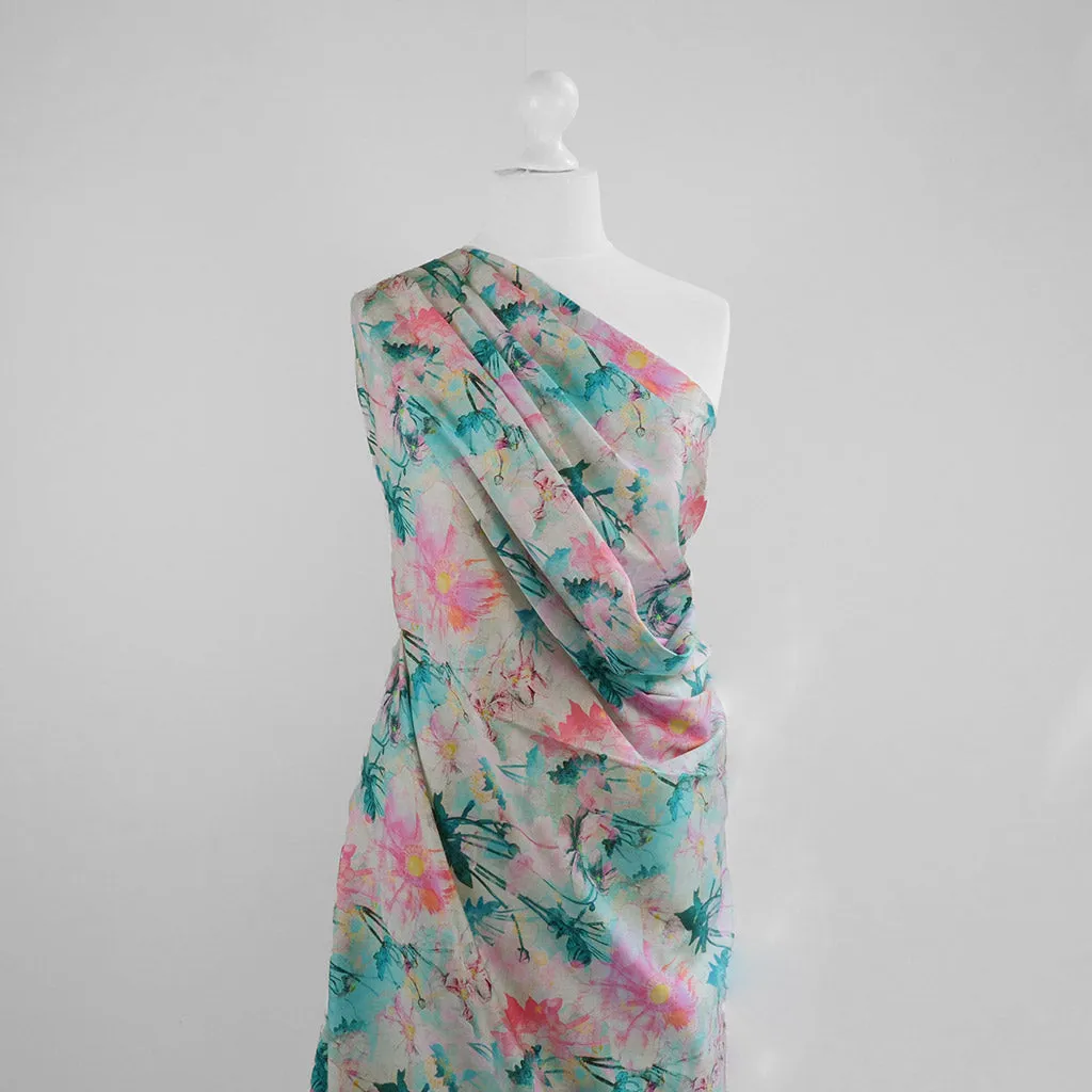 Cotton Satin - Pink & Petrol Japanese Anemone Woven Fabric by Nerida Hansen