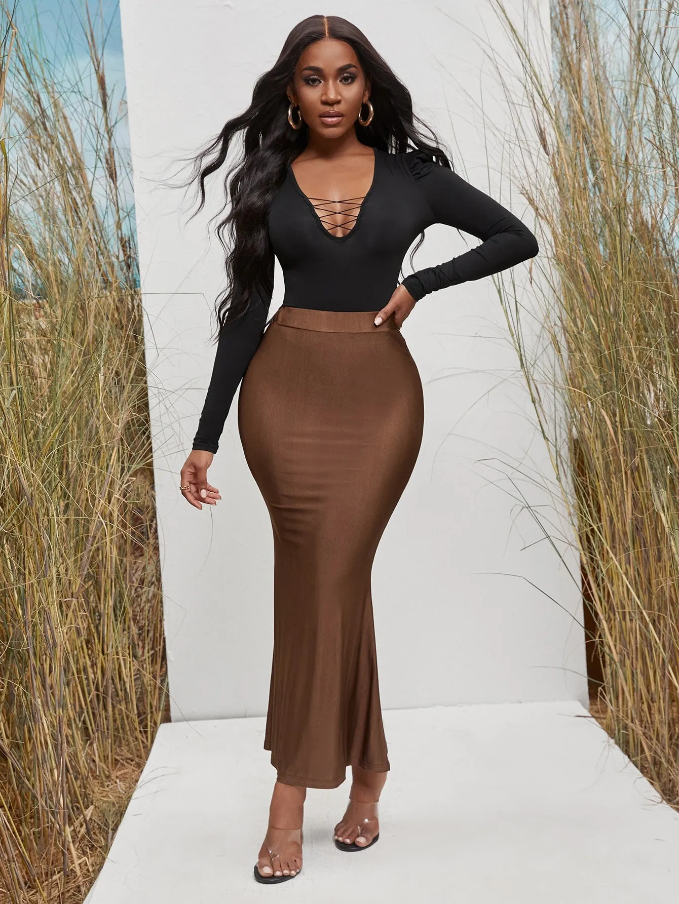 Elegant Plain High Waist Long Women Skirts