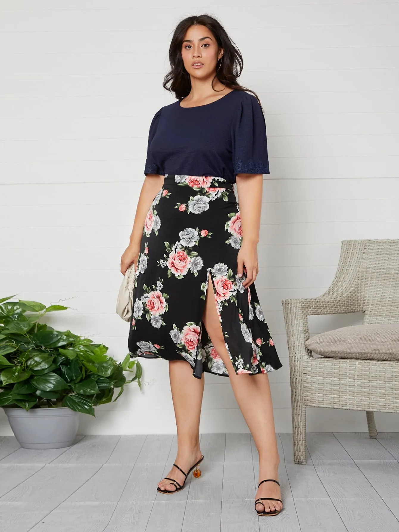 Floral Split Thigh Midi Plus Size Skirt