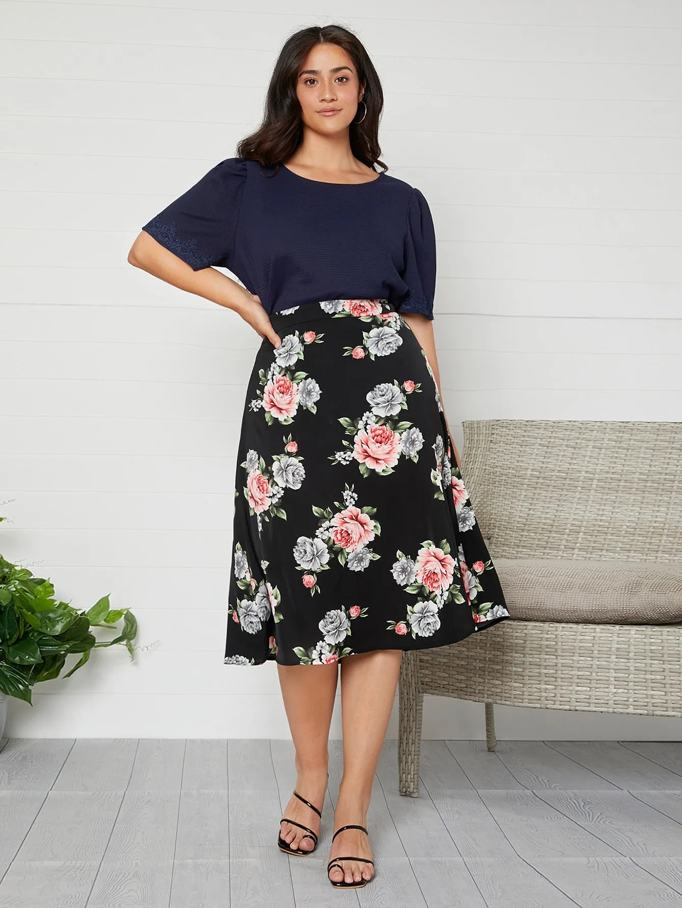 Floral Split Thigh Midi Plus Size Skirt