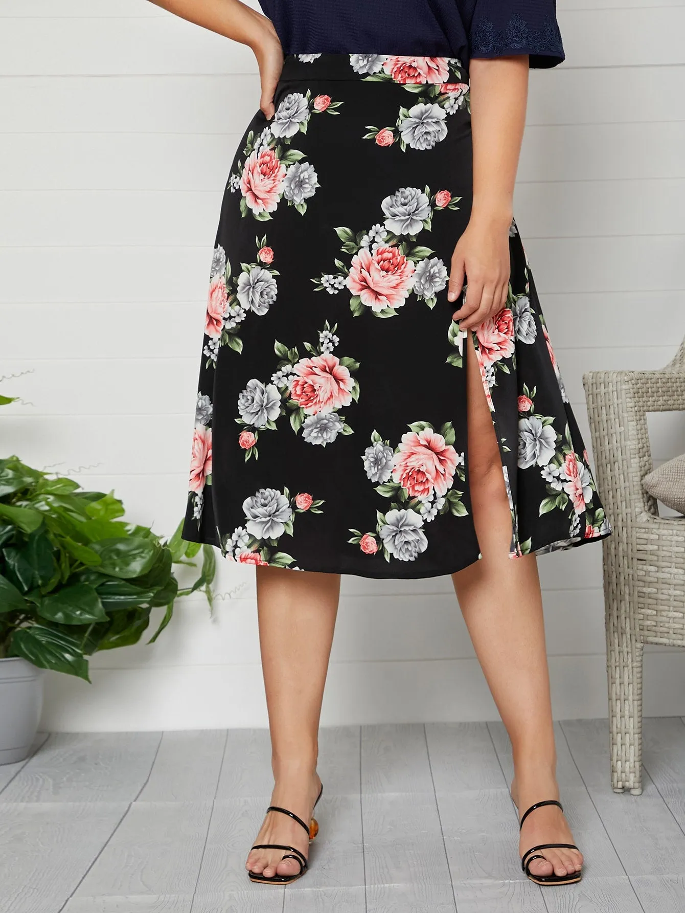 Floral Split Thigh Midi Plus Size Skirt