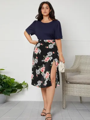 Floral Split Thigh Midi Plus Size Skirt