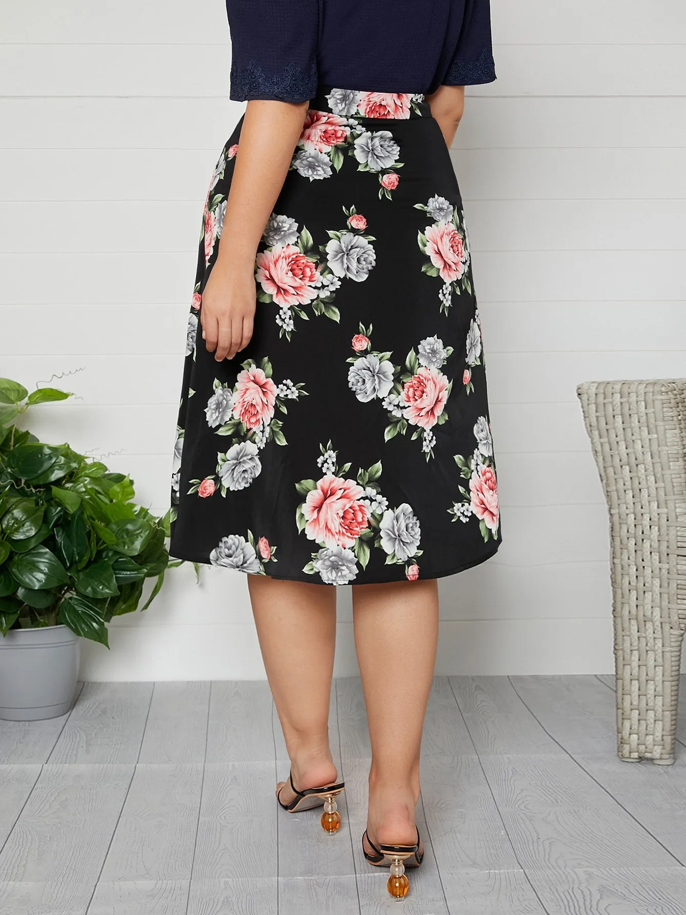 Floral Split Thigh Midi Plus Size Skirt