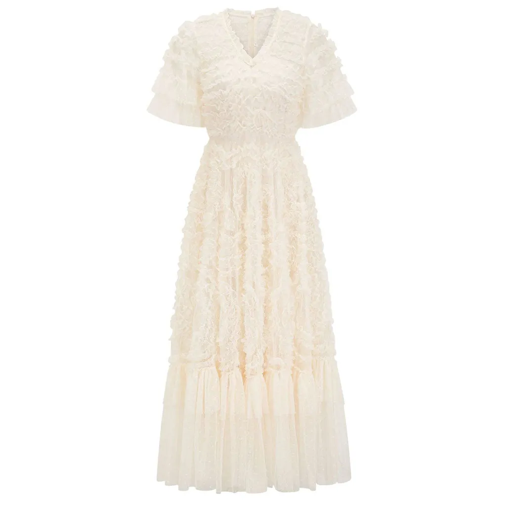 French Style V Neck Short Sleeve A Line Ruffle Tiered Spotted Tulle Maxi Dress