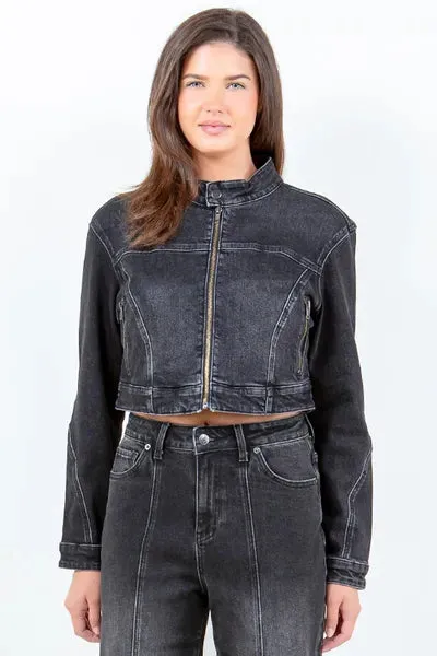 Full Size Zip Up Cropped Denim Rider Jacket Plus Size