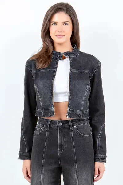 Full Size Zip Up Cropped Denim Rider Jacket Plus Size