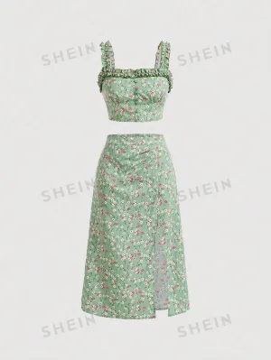 MOD Floral Print Frill Trim Cami Top & Slit Hem Skirt Set
