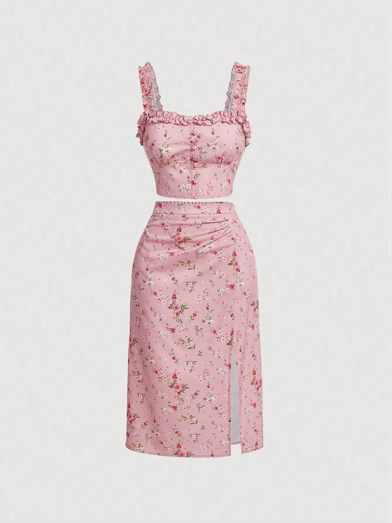 MOD Floral Print Frill Trim Cami Top & Slit Hem Skirt Set