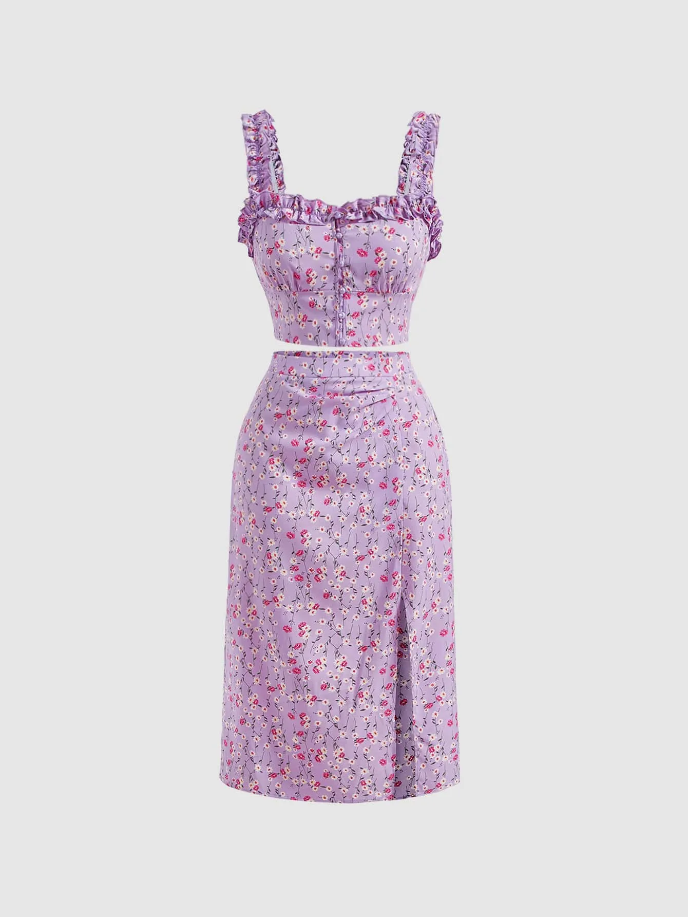 MOD Floral Print Frill Trim Cami Top & Slit Hem Skirt Set