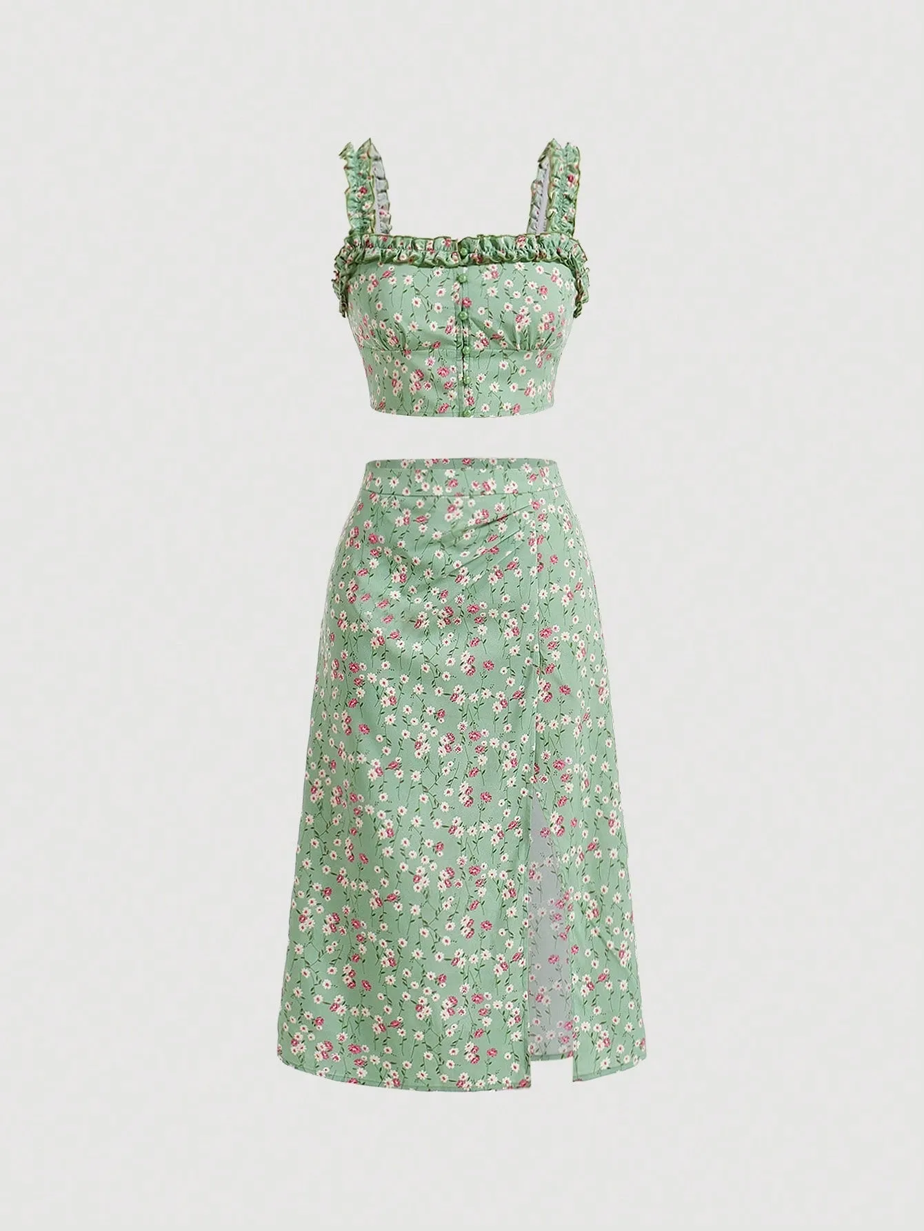 MOD Floral Print Frill Trim Cami Top & Slit Hem Skirt Set