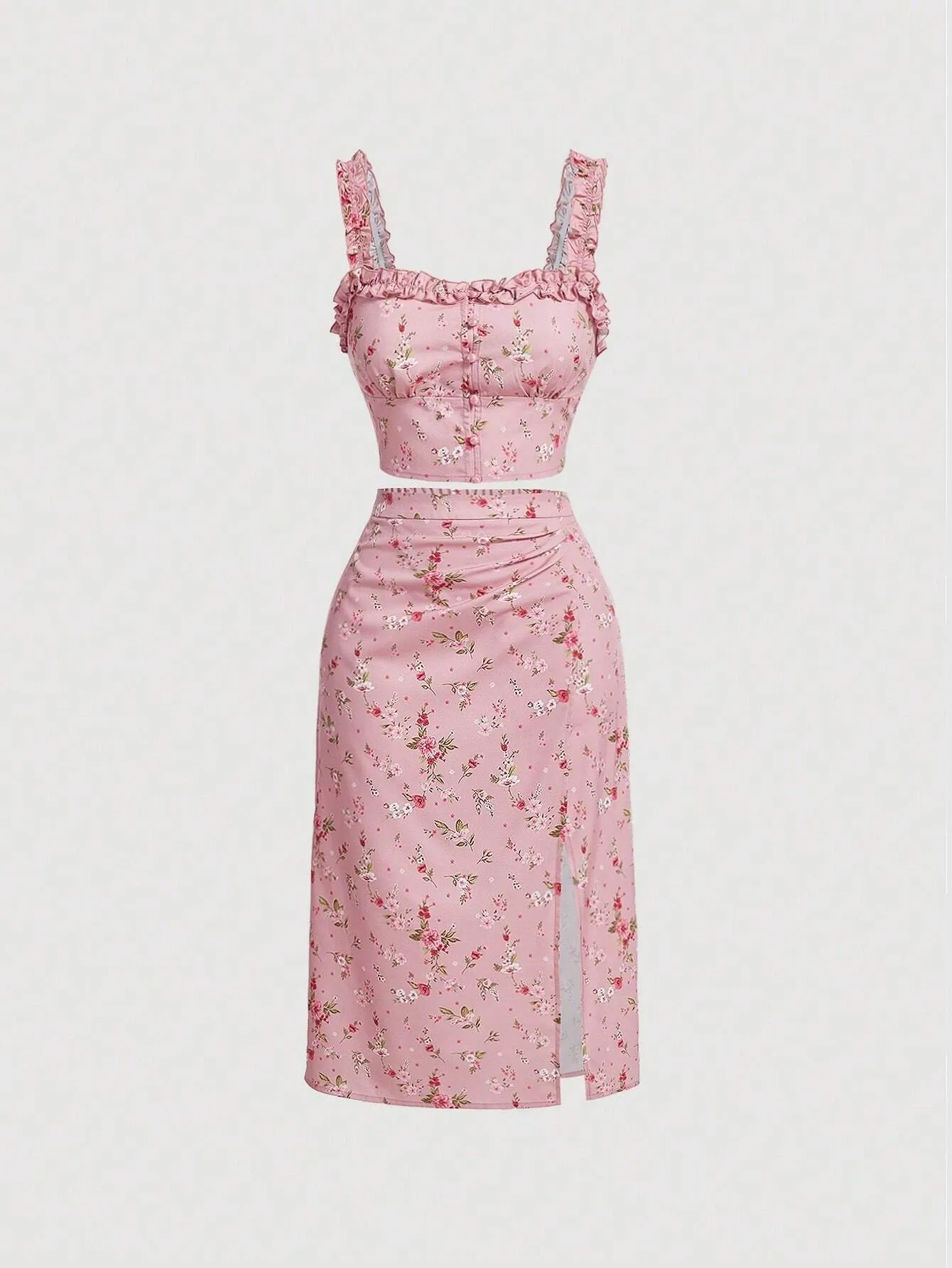 MOD Floral Print Frill Trim Cami Top & Slit Hem Skirt Set