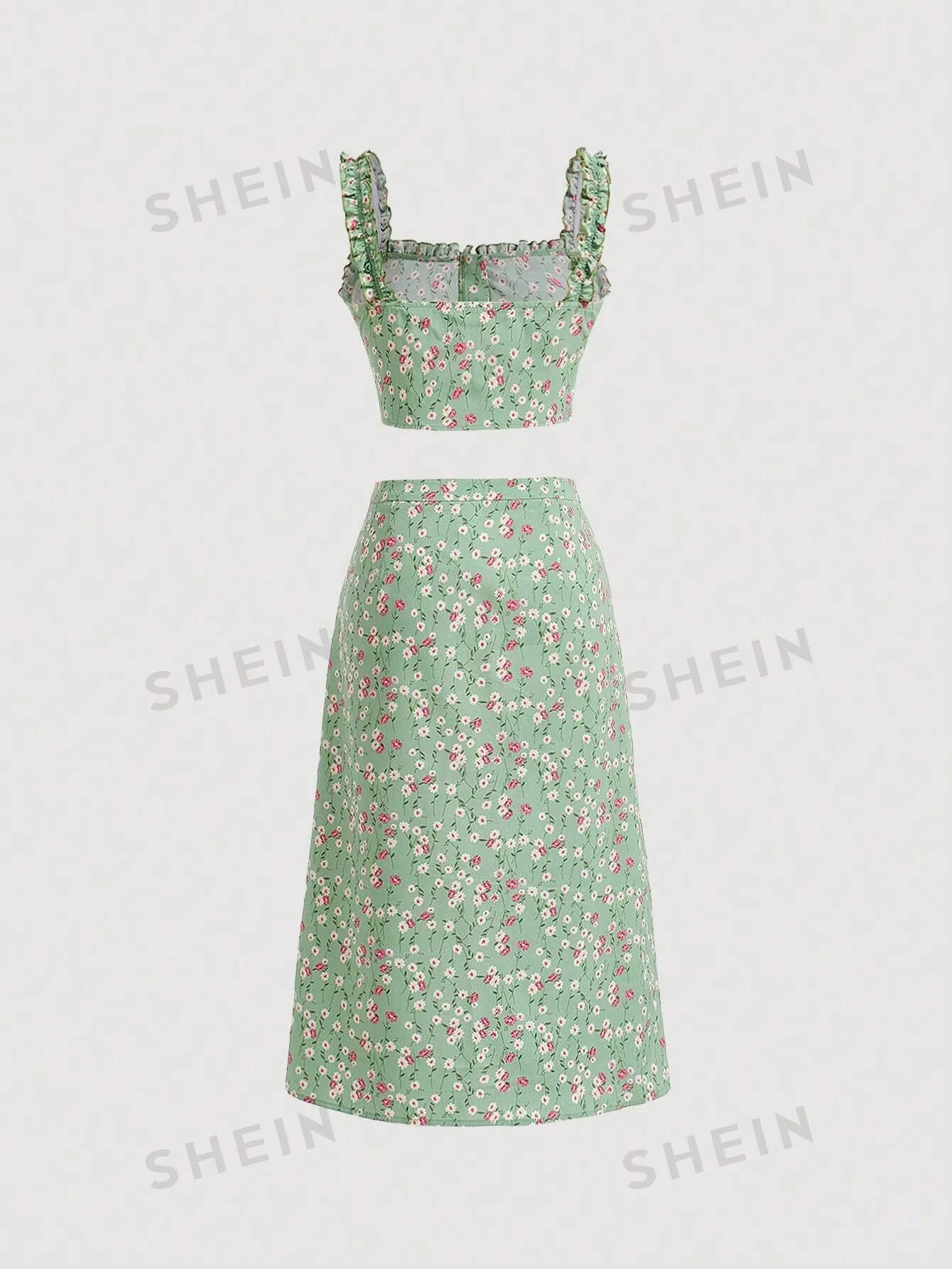 MOD Floral Print Frill Trim Cami Top & Slit Hem Skirt Set