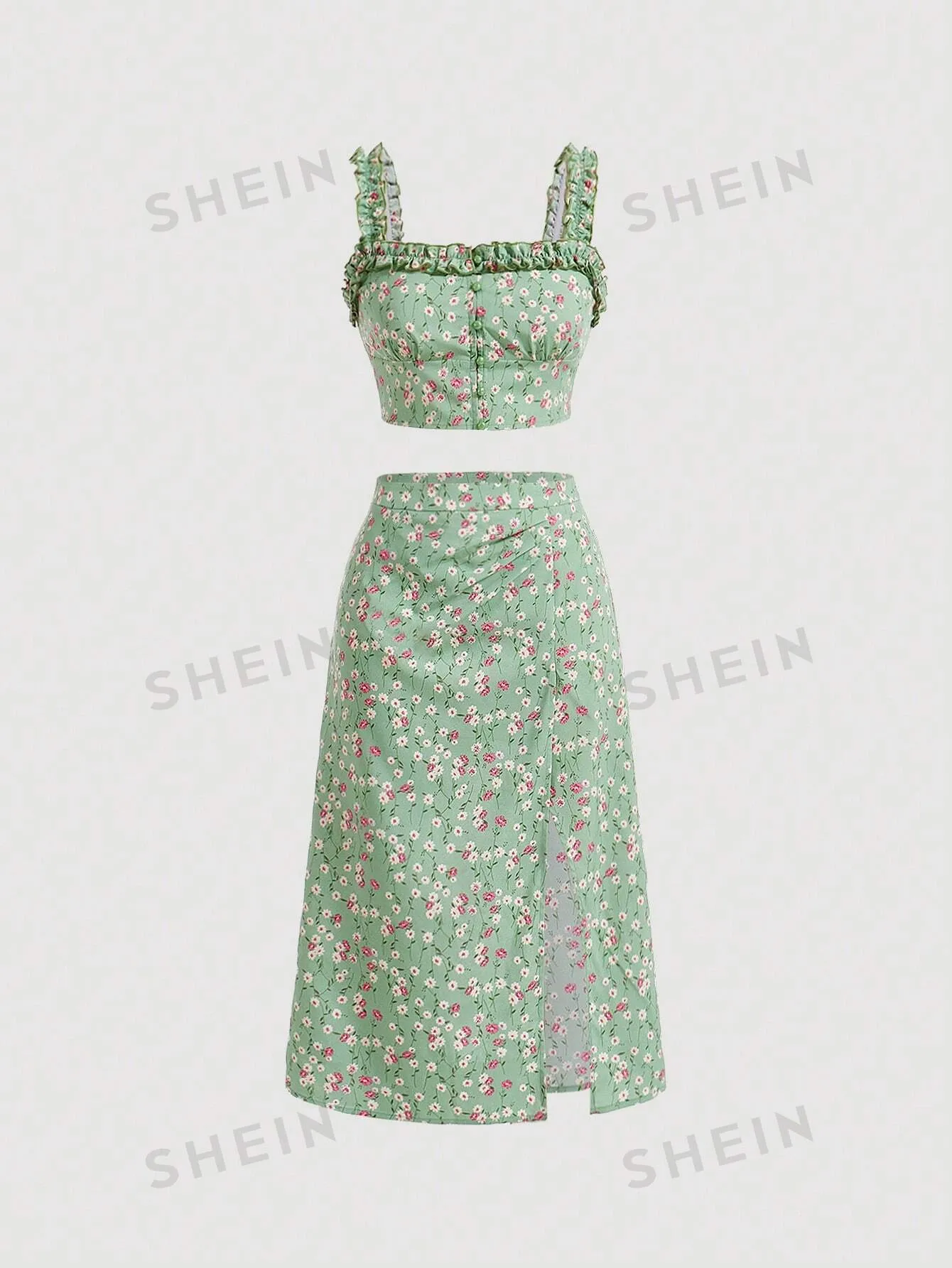 MOD Floral Print Frill Trim Cami Top & Slit Hem Skirt Set
