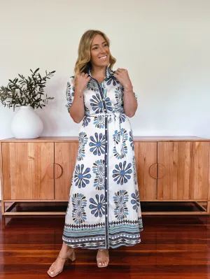 TRIBAL FLORAL DRESS - AQUA BLUE