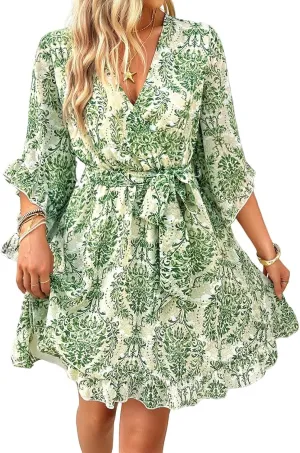 Women Casual Loose Vintage Bohemian Floral V-Neck Half Sleeve Summer Beach Swing Dress