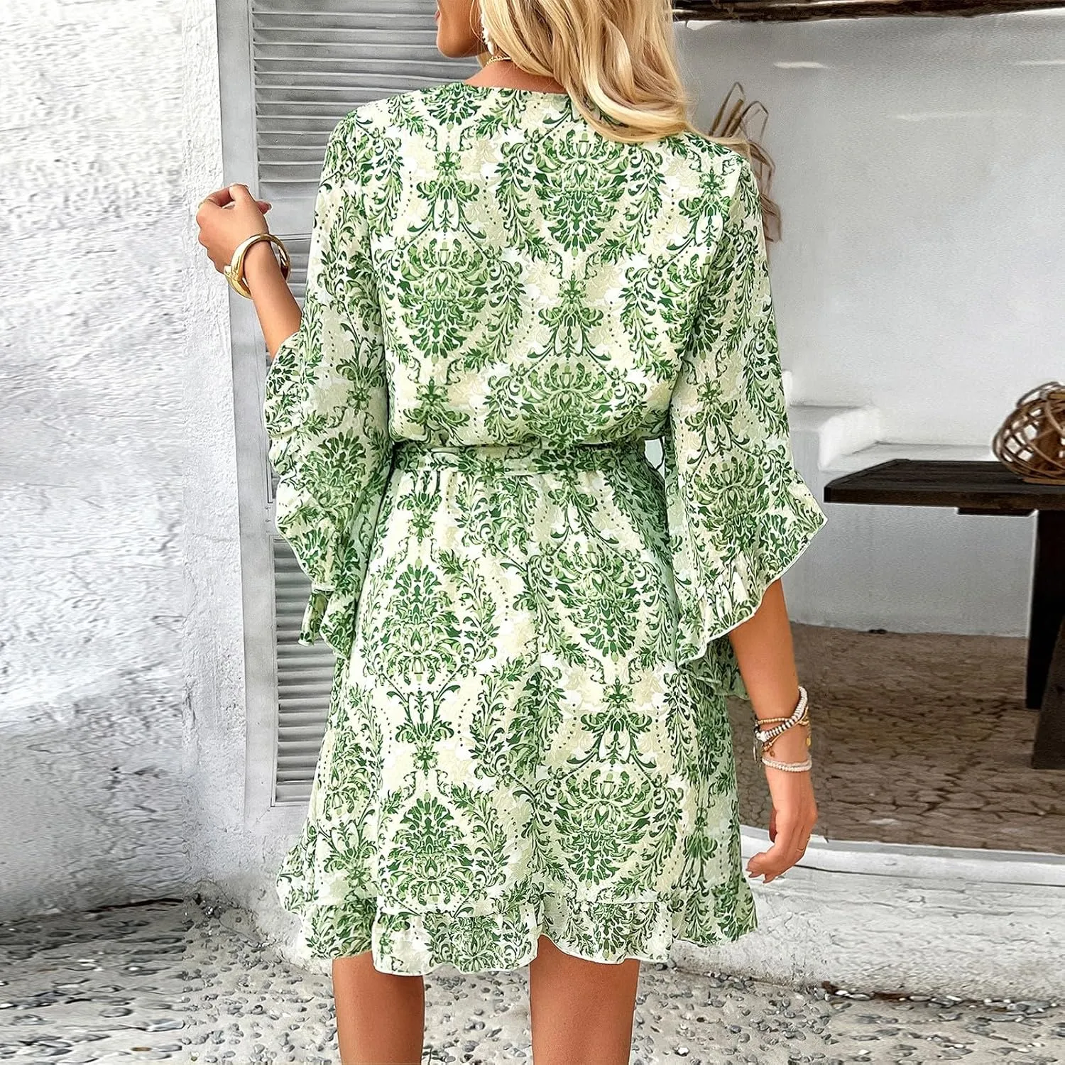Women Casual Loose Vintage Bohemian Floral V-Neck Half Sleeve Summer Beach Swing Dress