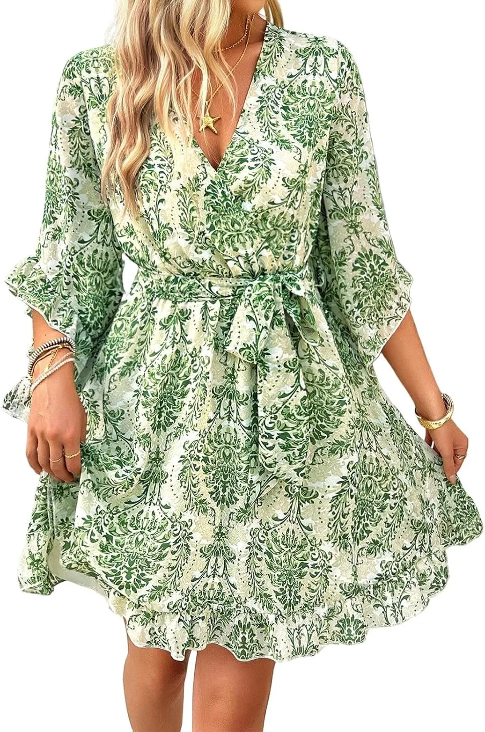 Women Casual Loose Vintage Bohemian Floral V-Neck Half Sleeve Summer Beach Swing Dress