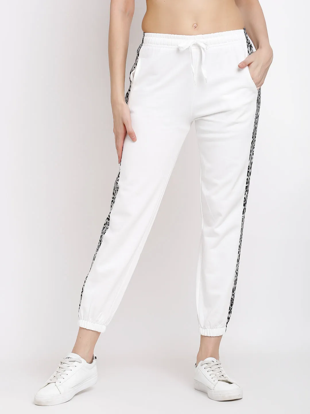 Women Off-White Cotton Blend Joggers with Leopard Print On Side