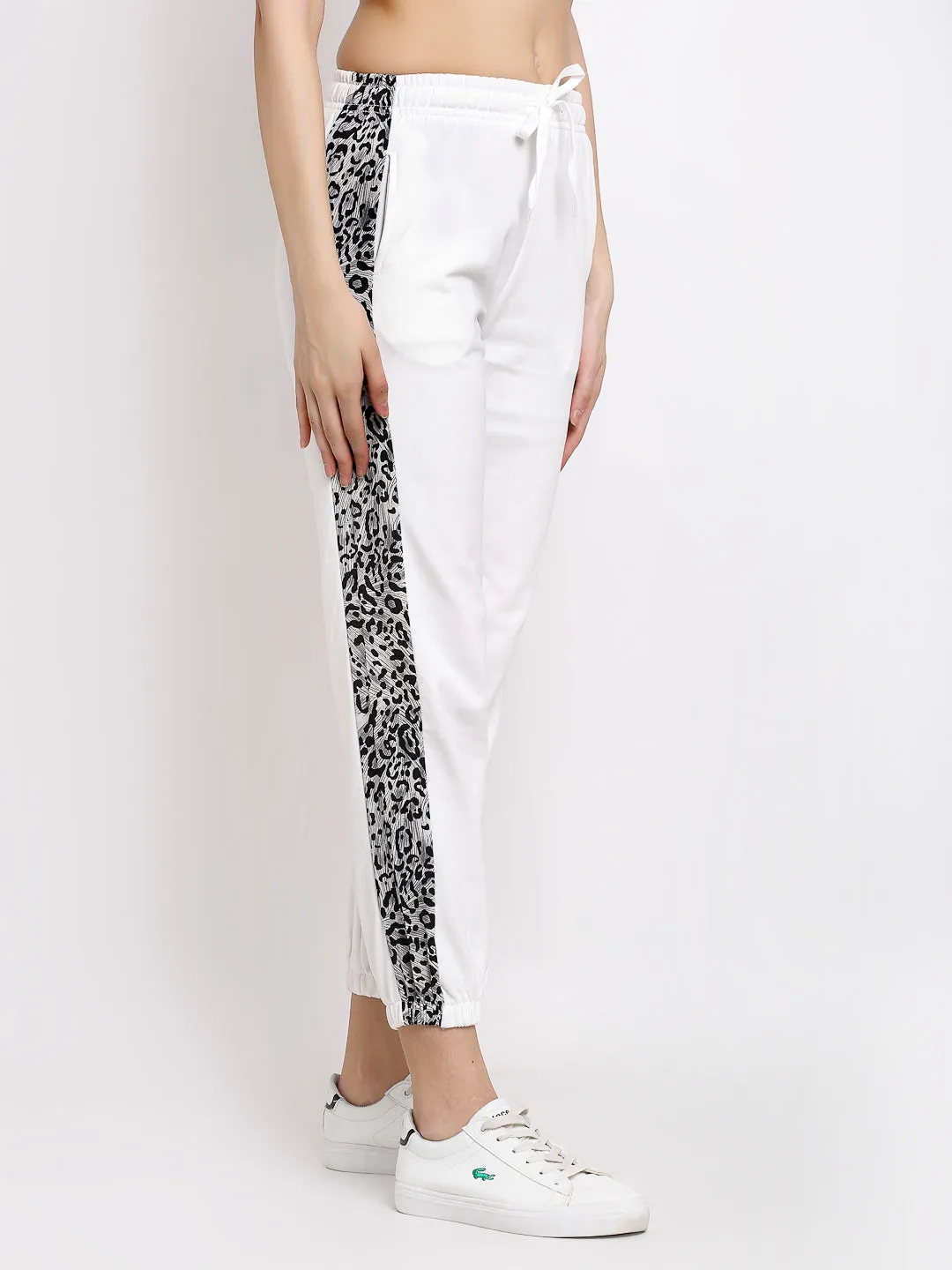 Women Off-White Cotton Blend Joggers with Leopard Print On Side
